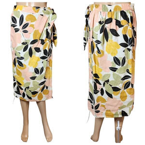 Rachel Zoe Midi faux wrap linen skirt. Pink green mustard floral. Stretch. Small